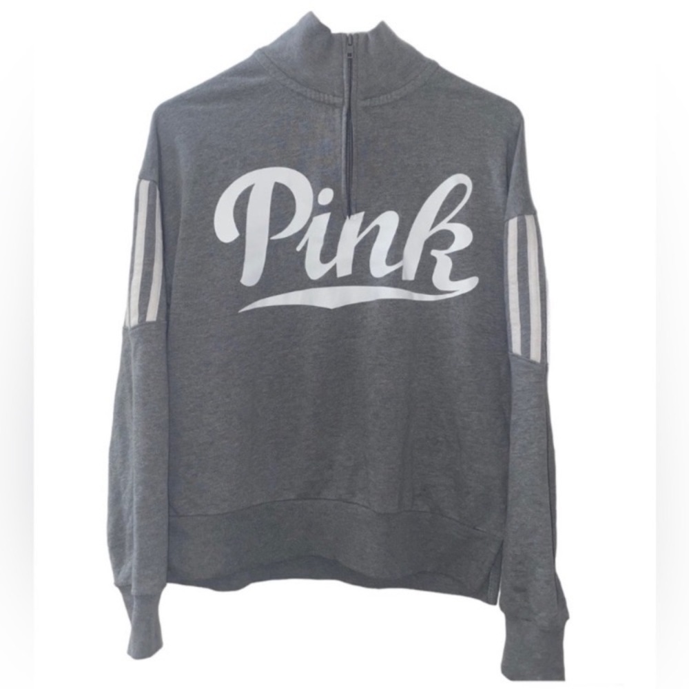 PINK Victorias Secret Woman’s 1/4 Zip Pullover Sweatshirt XS Gray White Stripes - Picture 1 of 12